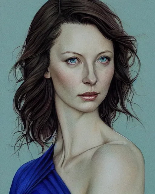 Prompt: in the style of joshua middleton, artgerm, beautiful caitriona balfe, outlander, full body, blue dress, elegant pose, middle shot, spooky, detailed realisitc eyes, detailed realistic eyes, detailed and intricate