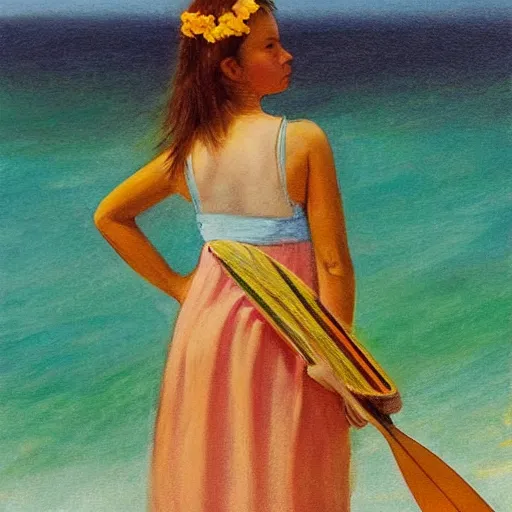 Image similar to by heywood hardy, by matti suuronen saturated, tender. the conceptual art of a young girl in a traditional hula outfit. she is standing on a surfboard in front of a beautiful ocean landscape.