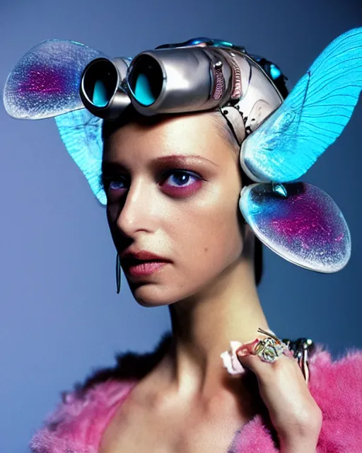 Prompt: natural light, soft focus portrait of a cyberpunk anthropomorphic fly with soft synthetic pink skin, blue bioluminescent plastics, smooth shiny metal, elaborate ornate jewellery, piercings, skin textures, by annie leibovitz, paul lehr