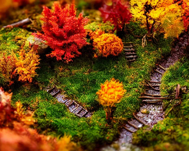 Prompt: dream a miniature village in a forest, tilt - shift, moss, autumn, warm colors, photography, depth of field