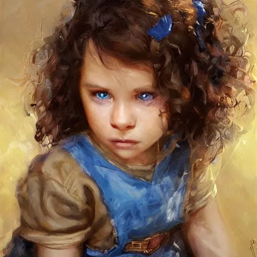 Prompt: a little girl with short curly light brown hair and blue eyes sitting in a nutshell. beautiful painting by raymond swanland and magali villanueve, beautiful detailed face.