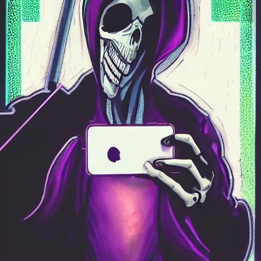 Image similar to dramatic cinematic scene of the Grim Reaper taking a selfie, mucha, colorful, purple, black, highly rendered, beautiful, cyberpunk, very highly detailed, symmetrical, archillect, moody lighting, glowing light and shadow, atmospheric, studio lighting, 8K