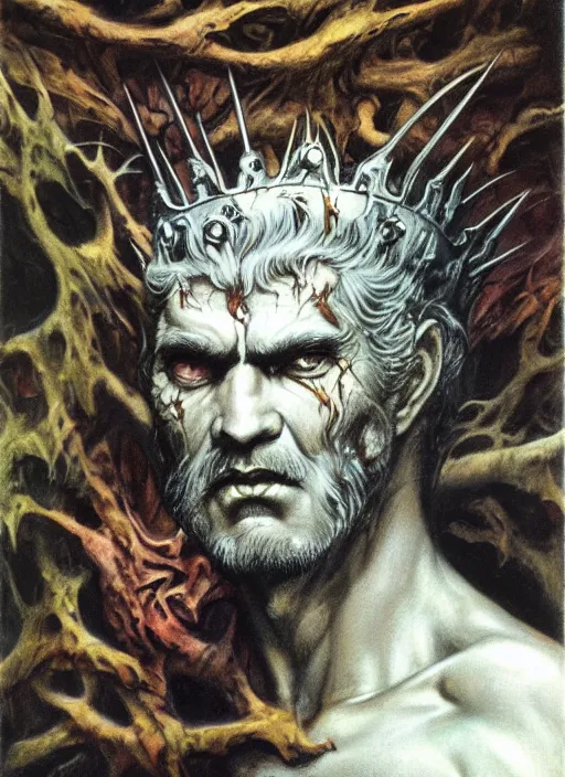 Image similar to portrait of grizzled male god of the damned, black iron crown, claw scars, strong line, deep color, forest, beautiful! coherent! by boris vallejo, by brian froud