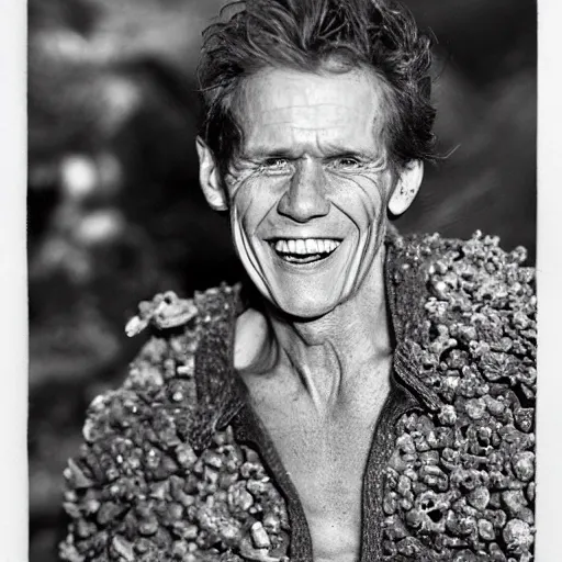 Image similar to black and white photo of william dafoe, encrusted with barnacles, laughing