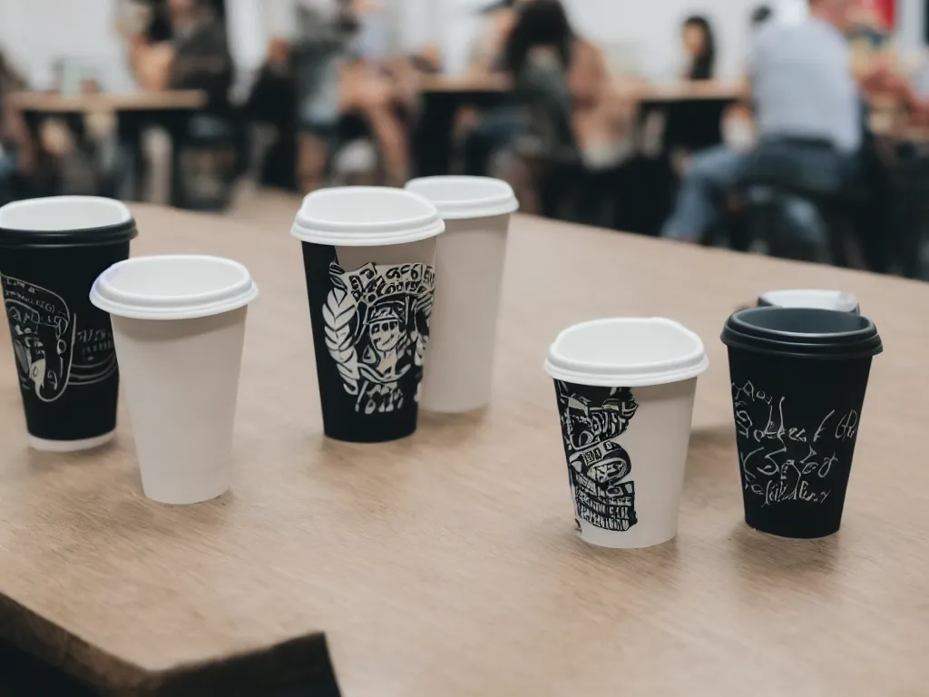 Prompt: coffee cups on 90s cubicle table