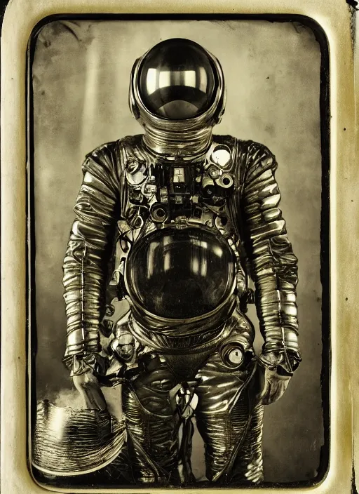 Image similar to old wetplate daguerreotype portrait of a futuristic silver armored space astronaut cyborg, fractal, intricate, elegant, highly detailed, parallax, leica, medium format, subsurface scattering, by jheronimus bosch and greg rutkowski and louis jacques mande daguerre