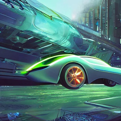 Image similar to solarpunk hovercar, clean energy, green technology, batoidea shape, flying, sunny day, futurism, intricate, engines, glow, highly detailed, peaceful, utopia, bright, digital painting, artstation, concept art, smooth, sharp focus, epic landscape, art by akihiko yoshida and tim mcburnie and anato finnstark