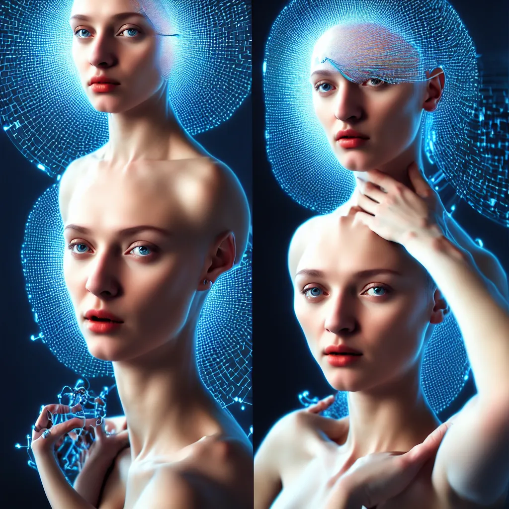 Image similar to hyperrealism photography computer simulation visualisation of parallel universe cgi scene with beautiful highly detailed ukrainian woman by caravaggio wearing neofuturistic neural interface by josan gonzalez - s 1 5 0