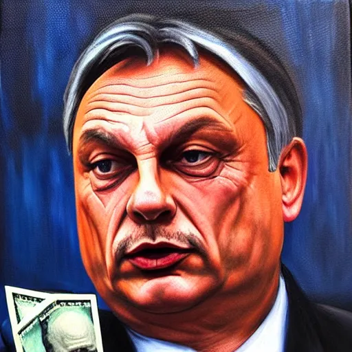 Image similar to viktor orban burning cash, oil painting