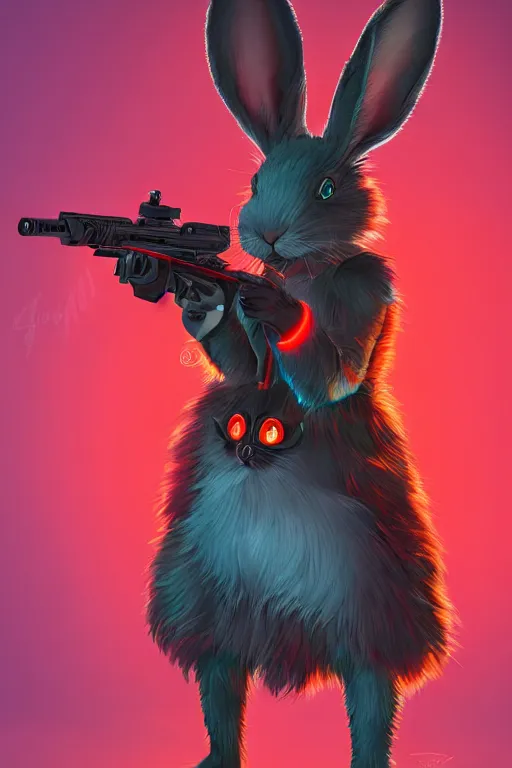 Image similar to portrait of neon fur rabbit with red eyes and a machine gun , 8k, highly detailed, sharp, realistic, in style of Brom