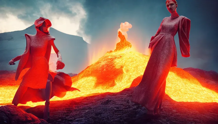 Image similar to A fashion Catwalk on a active volcano spewing lava, Fashion Photography, Octane, Redshift, High Detail