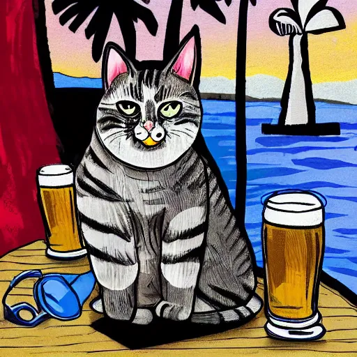 Prompt: a cat wearing a hawaii shirt drinking a beer at an outdoor bar in stockholm, digital art