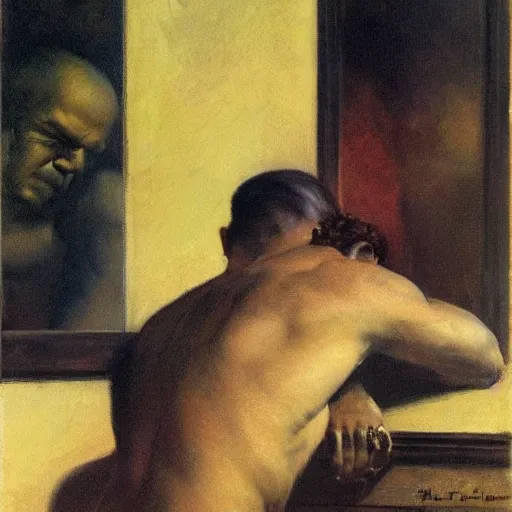 Image similar to a man looking in a mirror, frank frazetta