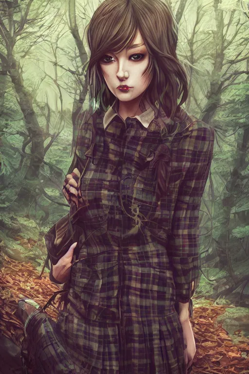 Image similar to woman in a dark forest, detailed plaid miniskirt, beautiful realistic face portrait, detailed eyes, trending on artstation, by dan mumford, anime style, octane render