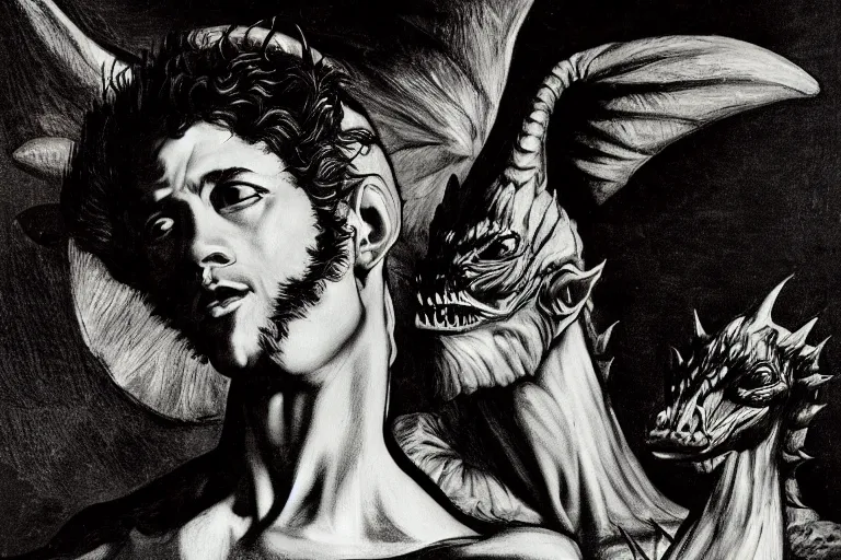 Prompt: caravaggio portrait of king ghidorah, dramatic lighting, chiascuro,