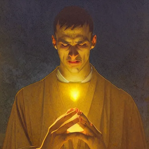 Prompt: Close up of a young, thin and stern catholic priest in his thirties fervently praying as he is about to die from the ominous terrifying Lovecraftian yellow shadow descending upon him from the night sky. Low angle, dramatic lighting. Art by Greg Rutkowski and Alphonse Mucha