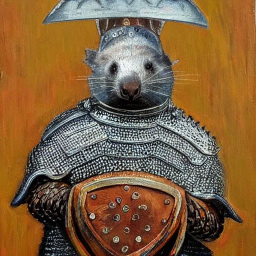 Image similar to an oil painting of a wombat wearing medieval chain mail and armor