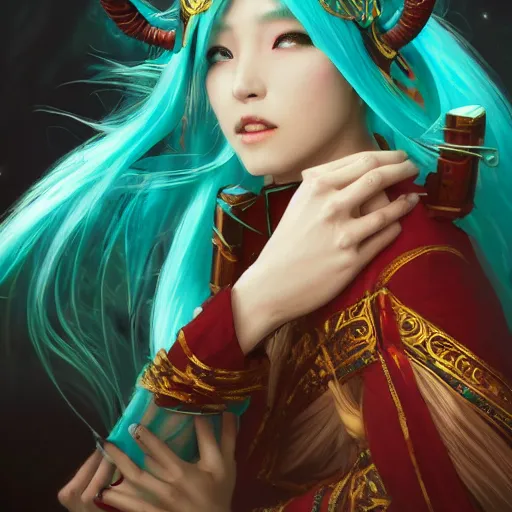 Prompt: a beautiful portrait of hatsune miku with teal colored hair with deep red highlights as an ancient chinese sorceress, space fantasy, in the style of magic the gathering, intricate, elegant, highly detailed, digital painting, artstation, concept art, matte, sharp focus, illustration, art by greg rutkowski and alphonse mucha