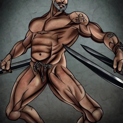 Image similar to muscular bald man, tattooed body, sword in hands, HD, anime style,