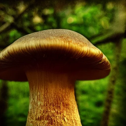Prompt: macro long depth of field shot of daguerrotype of a mushroom in a green forest, wide aperture, intricate, highly detailed, artstation, sharp focus, artgerm