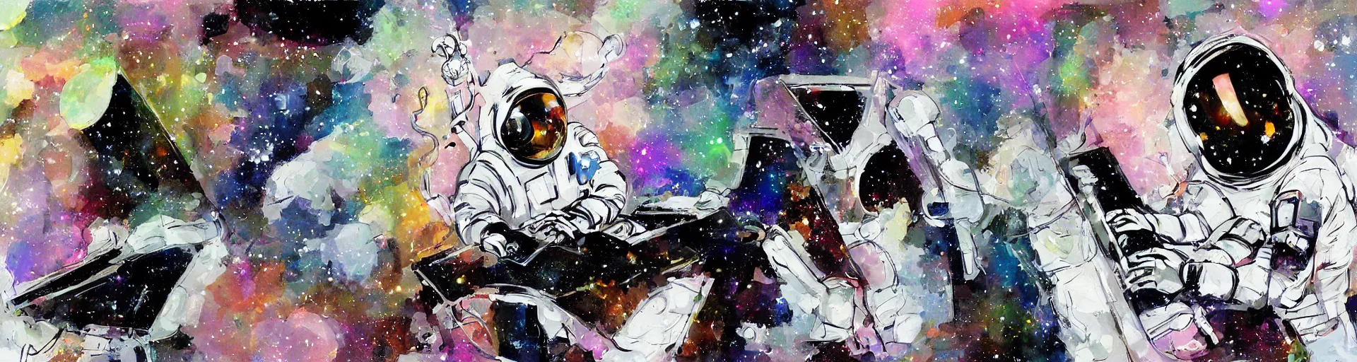 Image similar to an astronaut with headphone playing keyboard in the space, digital painting, digital art, bill sienkiewicz