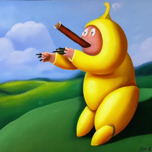 Prompt: Oil painting of an anthropomorphous banana smoking a cigar on a hill. Award-winning. 4k.