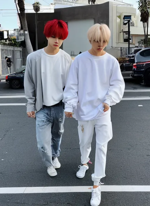 Image similar to photo of PARK JIMIN walking in LA with his boyfriend YOONGI