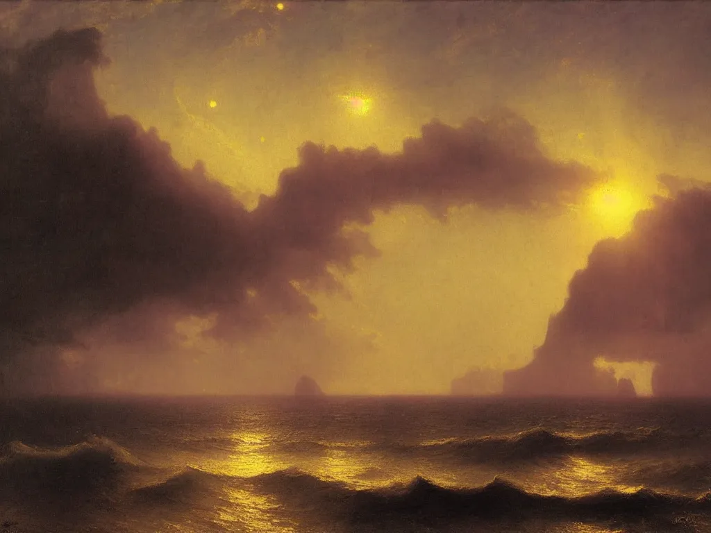 Prompt: Island at the edge of the universe, Kauai, Sunlight Study, by Albert Bierstadt and Ivan Aivazovsky, Art Nouveau, 8k