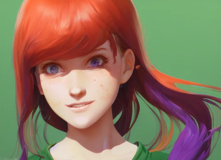 Prompt: portrait of a beautiful smiling girl with orange hair and freckles, green eyes, highly detailed, digital painting, concept art, smooth, sharp, focus, background is purple, anime key visual, ilya kuvshinov, rossdraws, artstation