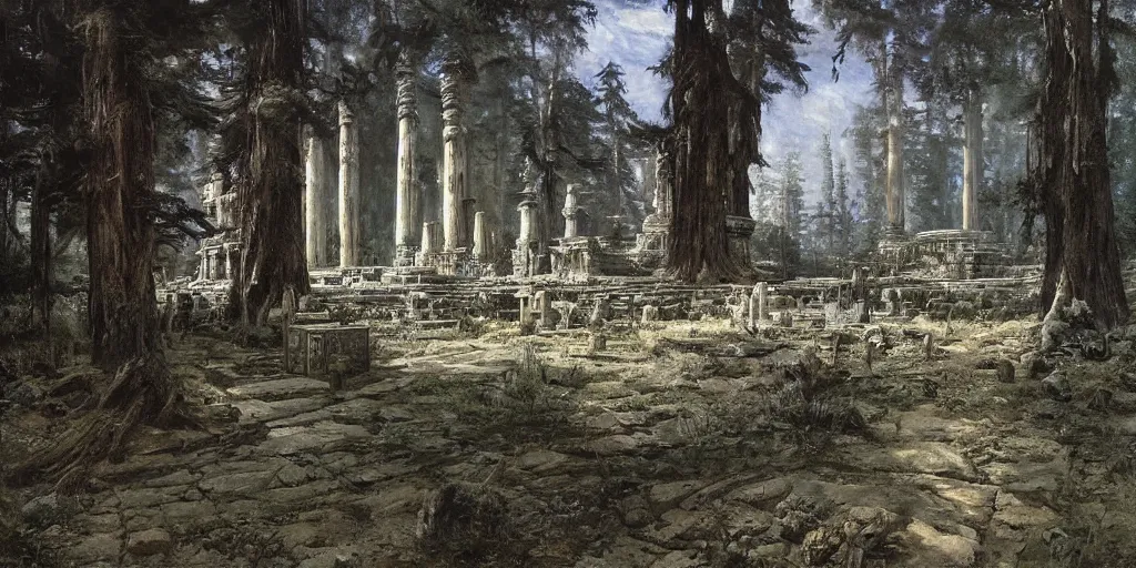 Image similar to a alien lost temple, by ivan shishkin, by james gurney, detailed, atmospheric, 8 k