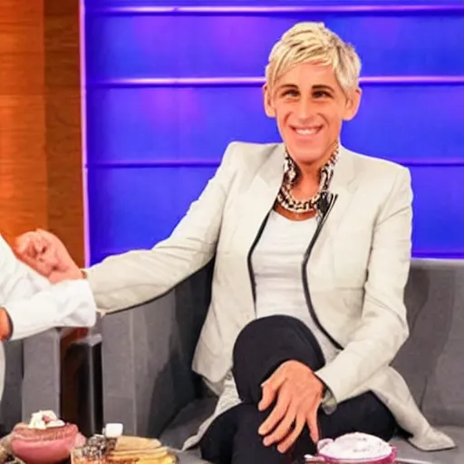 Prompt: jeffrey epstein interview on the elen degeneres show, plastic mannequins in the crowd, highly detailed facial expressions