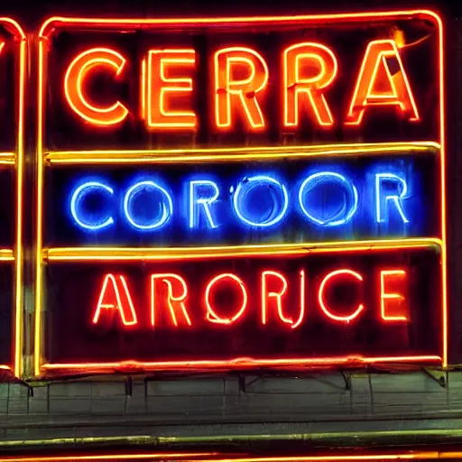 Prompt: color kodachrome photograph of an american city street in 1 9 3 2. neon sign, americana