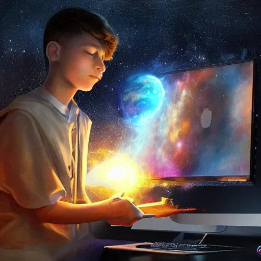Image similar to a young mage creating a universe in his PC, hyperrealistic, extremely detailed, award-winning art, trending on Artstation
