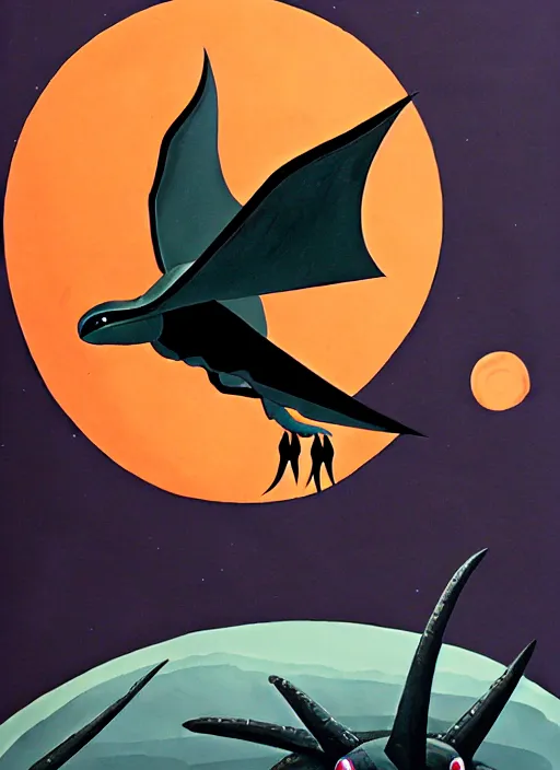Image similar to retro dark vintage sci - fi : : 2 d matte dark gouache illustration : : dark empress of the pterodactyls