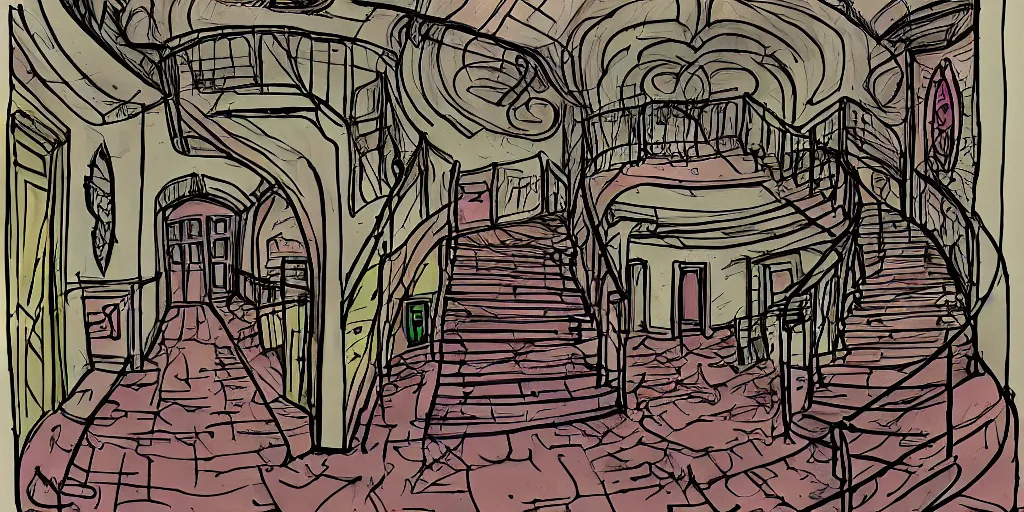 Image similar to dimly lit, theater access corridor, 3 doors, 1 staircase, color draw, day of the tentacle style, fish eye, drawn by Scott C