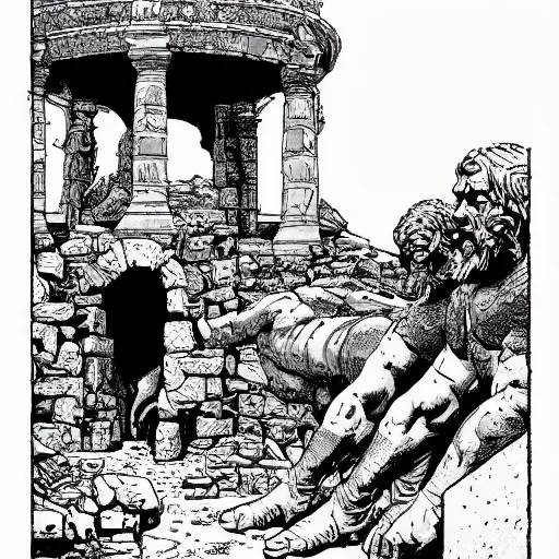 Prompt: precisely drawn illustration of broken roman statues flanking an old stone well, wide angle, sharp, fine details, French comic style, vibrant realistic colors, full color, heroic fantasy, intense line art, 8k, precise linework, realistic, in the style of Heavy Metal Comics and Richard Corben and Moebius