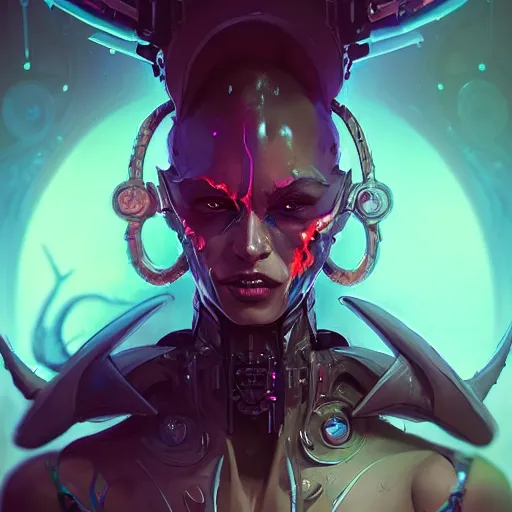 Image similar to a portrait of a beautiful demonic cybernetic queen of hell, cyberpunk concept art by pete mohrbacher and wlop and artgerm and josan gonzales, digital art, highly detailed, intricate, sci-fi, sharp focus, Trending on Artstation HQ, deviantart, unreal engine 5, 4K UHD image