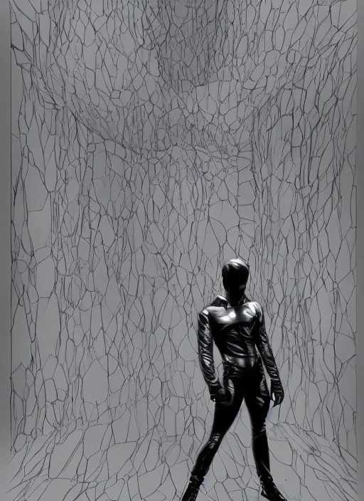 Prompt: aesthetic digital illustration of a solitary mischievous young man standing in an empty white room by brian bolland, rachel birkett, alex ross, and neal adams | sinister, dangerous, character concept, concept art, unreal engine, finalrender, centered, deviantart, artgerm