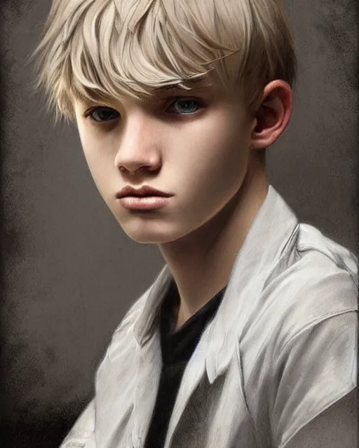 Image similar to portrait a 1 5 - year - old boy, with slender, white - blond hair, cold grey eyes, a pale complexion with sharp and pointed features, wearing black clothes, hyper realistic face, beautiful eyes, close up, fantasy art, in the style of greg rutkowski, intricate, alphonse mucha, hyper detailed, smooth