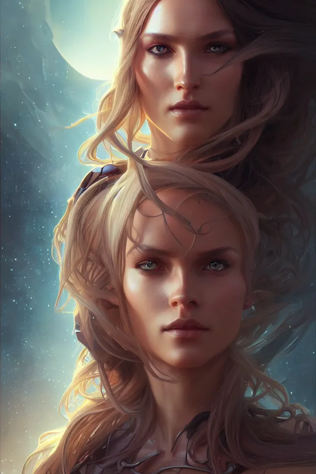 Image similar to futuristic woman portrait, sci-fi, amber eyes, face, long hair, fantasy, intricate, elegant, highly detailed, digital painting, artstation, concept art, smooth, sharp focus, illustration, art by artgerm and greg rutkowski and alphonse mucha