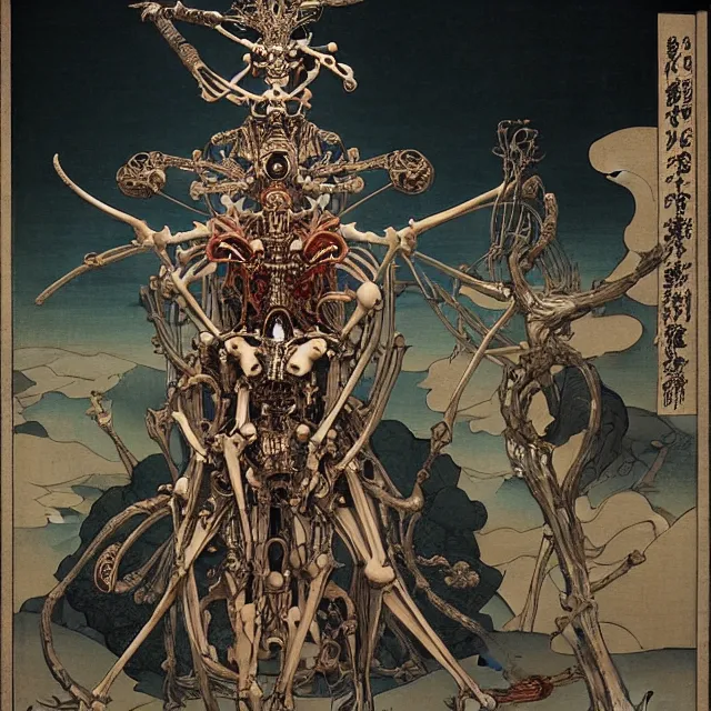 Image similar to still frame from Prometheus by Utagawa Kuniyoshi, Ossiarch Bonereaper ornate bone cyborg god emanating death and power by Wayne Barlowe by peter Mohrbacher by Giger, dressed by Alexander McQueen and by Neri Oxman, metal couture hate couture editorial