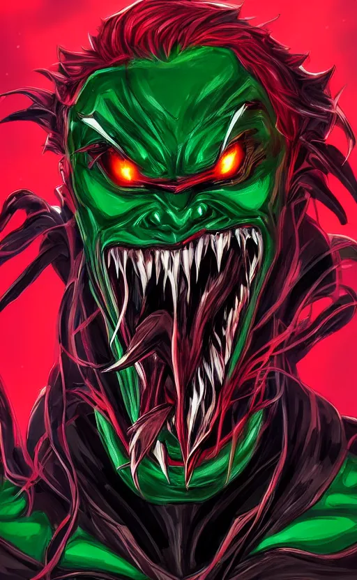 Image similar to portrait of venom as the green goblin, black and red, dynamic lighting, cinematic, ultra detailed, trending on art station, stunning visuals, creative, fantasy concept art