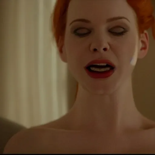 Image similar to amazing beautiful Christina Hendricks with mouth wide open in the living room, film still from the movie directed by Denis Villeneuve , wide lens