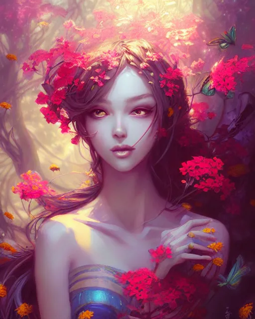 Prompt: a painting of a beautiful woman surrounded by flowers, an ultrafine detailed painting by ross tran, featured on deviantart, fantasy art, detailed painting, deviantart, anime