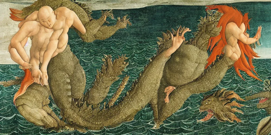 Image similar to godzilla emerging from the seas by sandro botticelli, painting