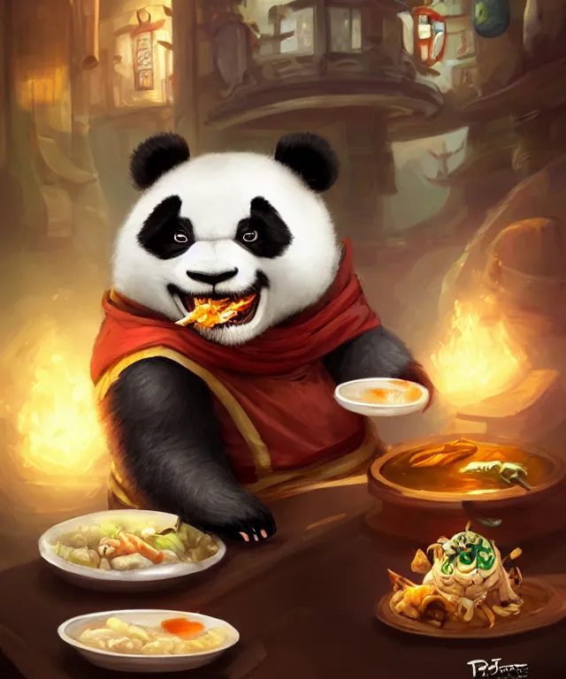 Prompt: a portrait an anthropomorphic panda mage eating chinese food, wearing mage robes, restaurant in background, cute and adorable, dnd character art portrait, well rendered matte fantasy painting, deviantart artstation, by jason felix by steve argyle by tyler jacobson by peter mohrbacher, cinematic lighting