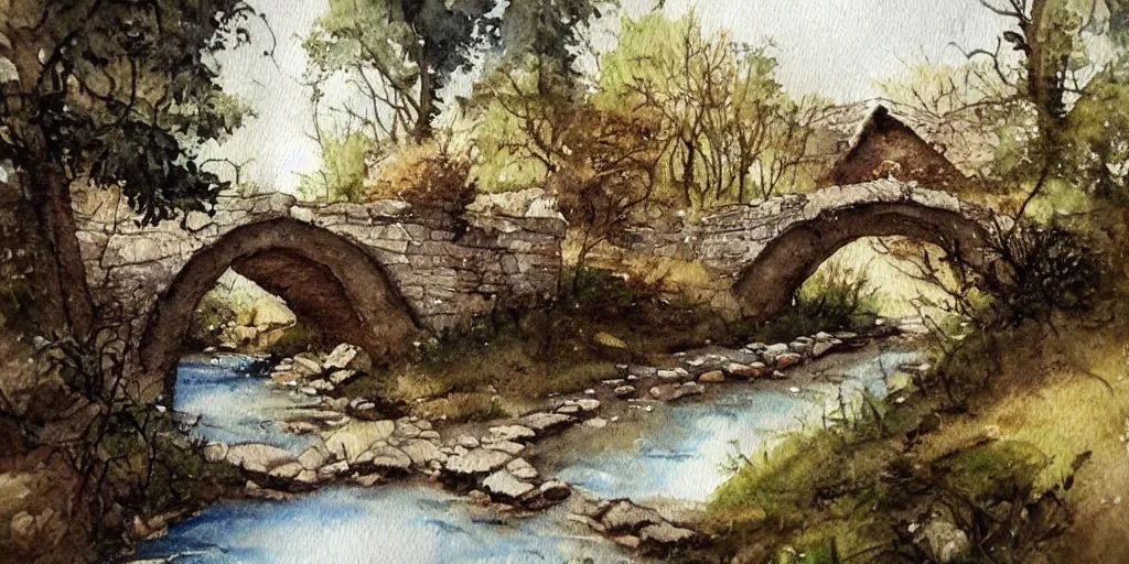 Image similar to medieval path in the countryside, crossing a small river with a small bridge, exquisite masterpiece watercolor painting, trending on artstation