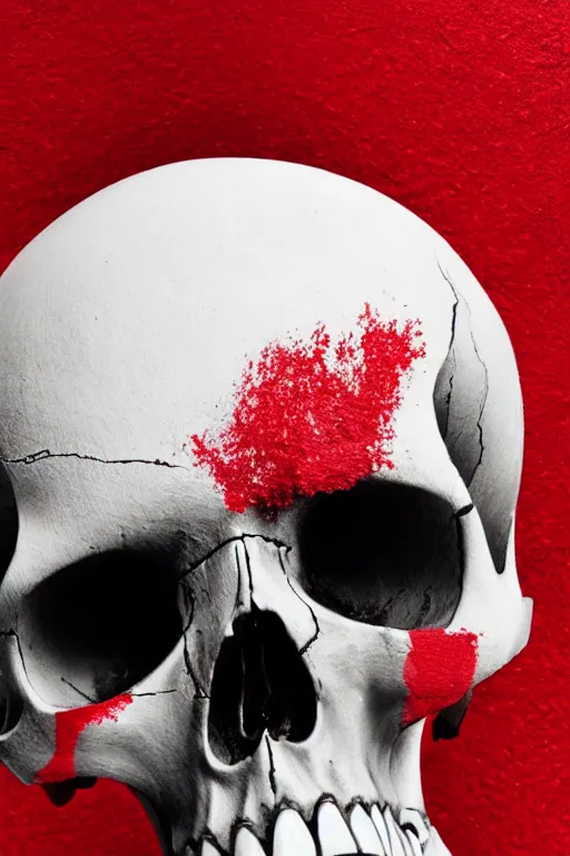 Image similar to a highly detailed photo of a skull dipped in red paint