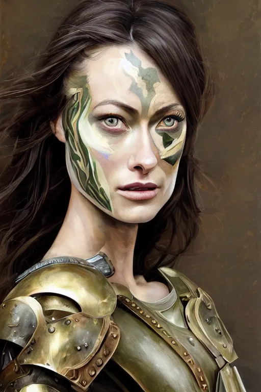 Prompt: a professionally painted portrait of Olivia Wilde, clothed in ancient battle armor, olive skin, long dark hair, beautiful bone structure, symmetrical facial features, face painted with camouflage, intricate, elegant, digital painting, trending on Artstation, concept art, smooth, sharp focus, illustration, from Metal Gear by Ruan Jia and Mandy Jurgens and Artgerm and and william-adolphe bouguerea, award winning