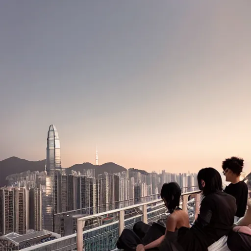 Image similar to a small rooftop with a couple of people sitting and watching the view, wearing black modern clothes, designed by rick owens, messy short hair, modern hong kong is on the background, sunset, by gregory crewdson